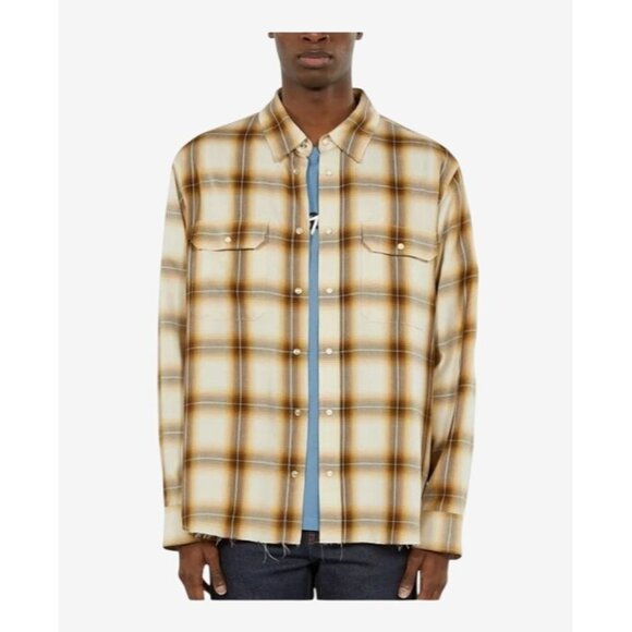 The Kooples Mens XL Plaid Shirt Brown & Beige Cotton Blend Western Boho Revolve - Picture 1 of 5